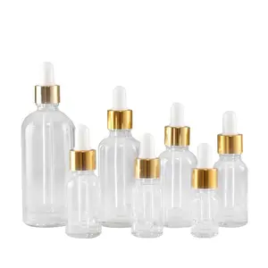 5ml-100ml transparente óleo essencial conta-gotas garrafa com círculo dourado essência solução garrafa de vidro cosméticos garrafa