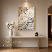 Peinture murale sur toile de pivoine florale en or blanc opulent, idéale pour l'entrée, le salon ou la décoration d'hôtel de luxe