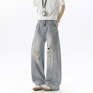 Pantalon long homme taille haute en denim fin, coupe large, style rétro déchiré, pour le streetwear américain - Product Image 4
