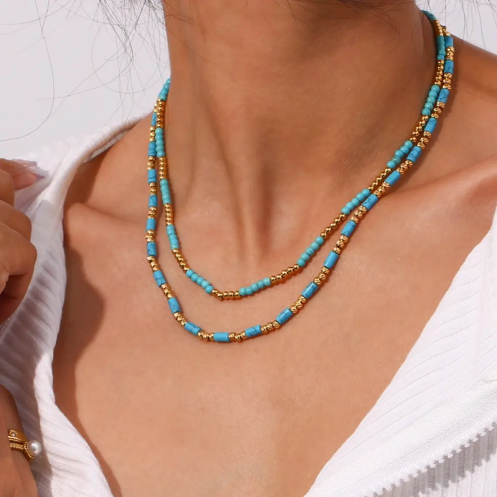 Vòng Cổ Chuỗi Hạt Màu Xanh Ngọc Lam Boho Vòng Cổ Hạt Đá Tự Nhiên Vòng Cổ Choker Bằng Thép Không Gỉ