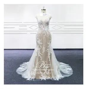 Bridal Elegant Mermaid wedding gown Ivory Lace dress Mocha Lining Comfortable style Contrast Color