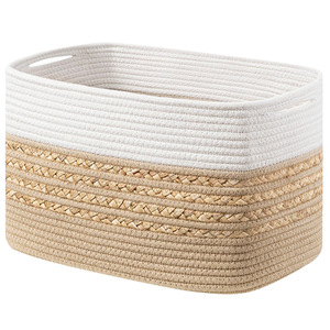 Cotton Rope Woven Storage Basket Rectangle Large Capacity For Toys Snacks Household Organizer White Black Striped - Product Image 3