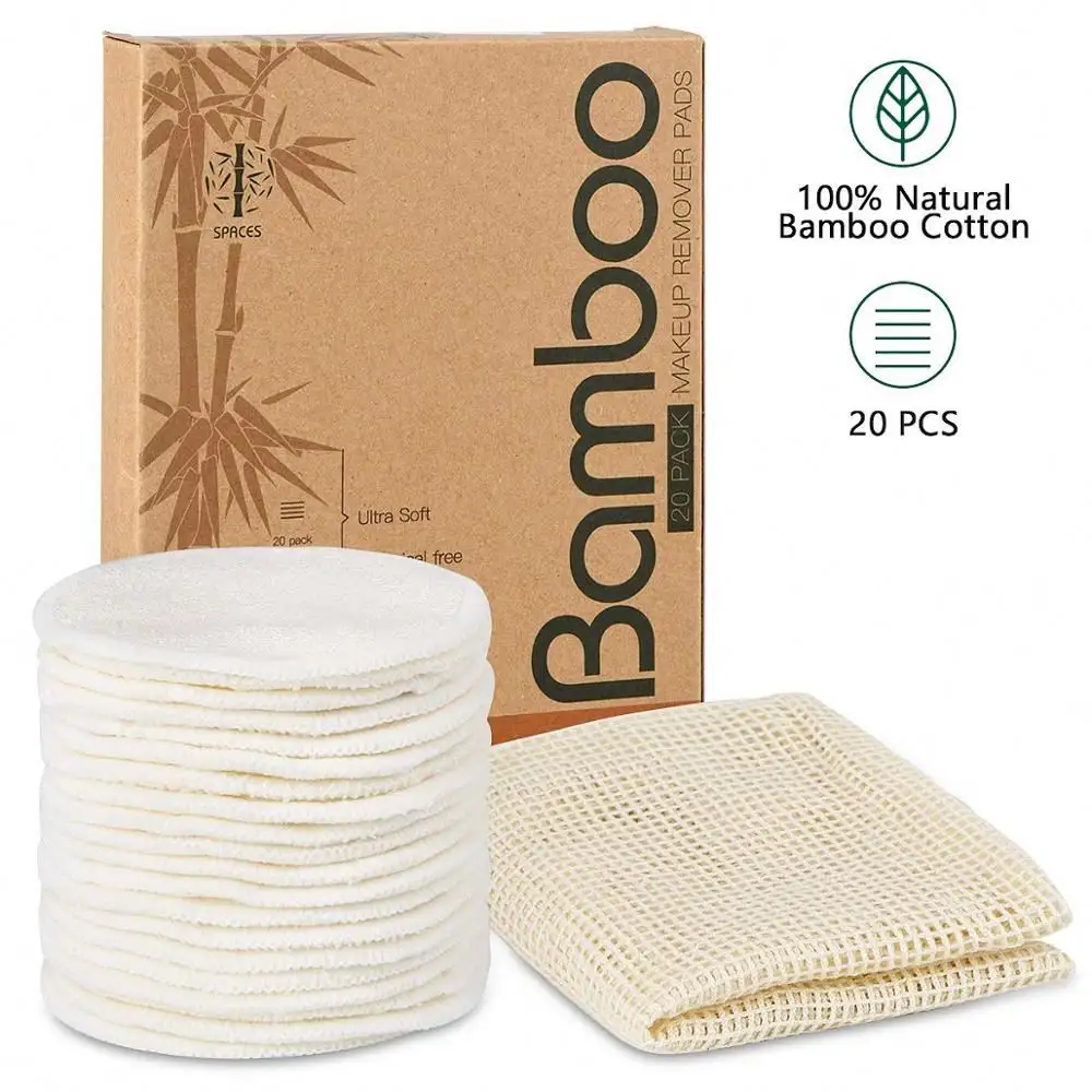 Almofadas de removedor de maquiagem orgânicas reutilizáveis, 20 pacotes, algodão de bambu natural ecológico lavável, rodadas para todos os tipos de pele com algodão