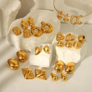 WY anting-anting perhiasan emas asli 18k berlapis PVD baja tahan karat mode baru anting-anting kancing CC Hoop geometris untuk wanita tanpa noda
