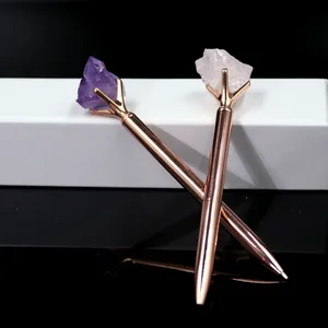 Caneta de metal de luxo, caneta esferográfica de cristal de quartzo rosa natural