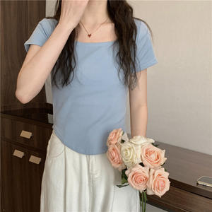 เสื้อยืดคอกลมแขนสั้นสำหรับผู้หญิง, เสื้อลำลองเข้ารูปชายเสื้อ R1990 - Product Image 6