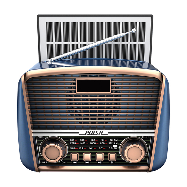Vintage Style Solar Panel Radio Multi-Band World Receiver with Blue tooth and Flashlight