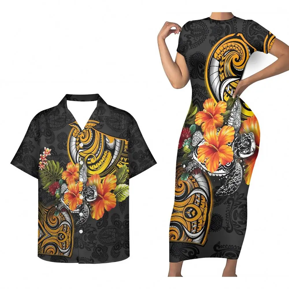 Sweet Lovers Matching Couples Clothes Polynesian Tribal Orange Flowers Print Custom Lady Elegant Casual Dresses Men's T Shirts