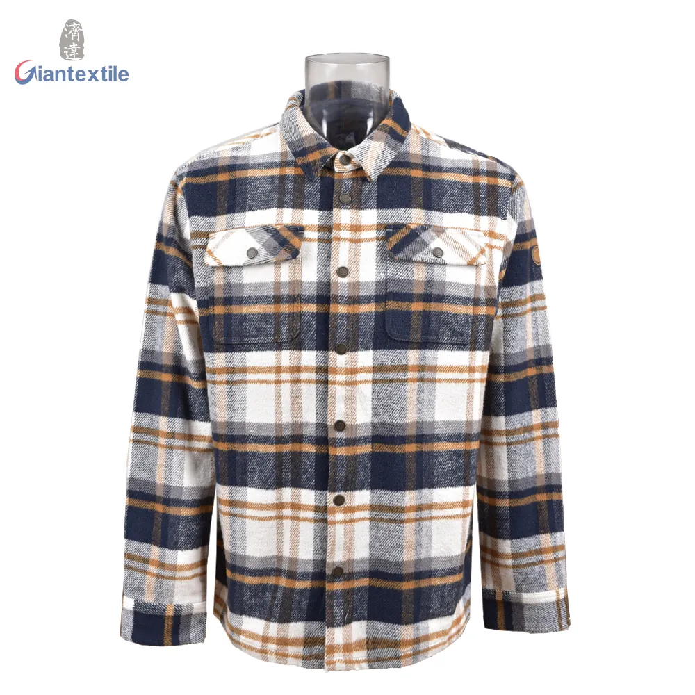 Giantextile Winter Wear Warm Flannel Overshirts White And Blue Check Long Sleeve High Quality Shirt For Men