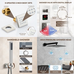 American Style 12-inch Wall-<b>Mounted</b> 304 Stainless Steel Water-powered LED Digital Display Rainfall Shower Head Matte Black BXW-0 - Product Image 4