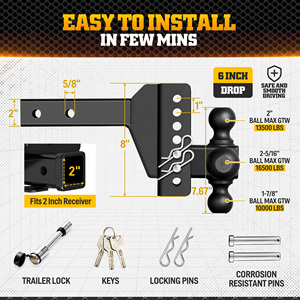<span class=keywords><strong>Attelage</strong></span> de remorque réglable de 6 po, capacité de 16 500 lb, récepteur de 2 po, compatible avec les billes de 2-5/16 po, 2 po, 1-7/8 po, avec double goupilles antivol pour remorquage de camions et de remorques - Product Image 5