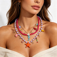 Collar Multicapa Hecho a Mano con Colgante de Conchas Marinas, Langosta y Caballito de Mar de la Serie Océano Natural de Verano, Joyería para Mujer