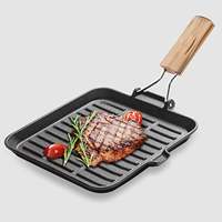 Wajan pemanggang besi cor persegi profesional, panci panggang ekstra tebal tanpa lapisan Steak dengan pegangan kayu lipat sempurna untuk Steak BBQ