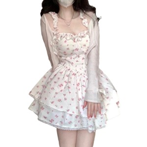 French Style White Floral Print Sundress For Women Sweetheart Neck <b>Elastic</b> Waist Princess Tulle <b>Skirt</b> Daily Casual Dress - Product Image 5