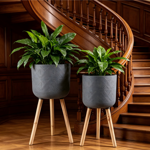 Pot de plante géométrique minimaliste en relief, grand pot pour palmier, décoration intérieure pour salon, pots à plantes avec <span class=keywords><strong>support</strong></span> trépied en <span class=keywords><strong>bois</strong></span> naturel - Product Image 2
