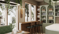 Meubles commerciaux modernes personnalisés Retron, éclairage LED, imperméables, écologiques, présentoirs de comptoir uniques pour café, designs de boutiques 3D