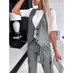 Conjunto Casual de 2 Piezas para Mujer, Chaleco Estampado a Rayas con Bolsillos y Pantalones, Moda Casual - Product Image 5