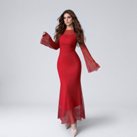 Robe longue sirène rouge unie en maille pour femme, 2 pièces, col rond, manches longues évasées, respirante, longueur cheville