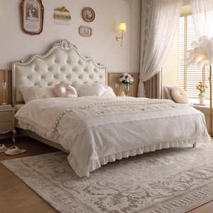 Lit convertible inclinable en cuir massif de style européen crème, sculpté, avec rangement, en bois massif, de luxe léger français, <span class=keywords><strong>pour</strong></span> chambre à coucher - Product Image 1
