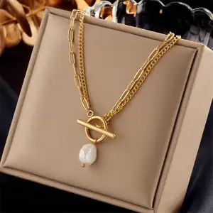 Fashion 2 Layers 18K Gold Plated Baroque Pearl Necklace 316 Stainless Steel Cuban Chain OT Clasp Necklace