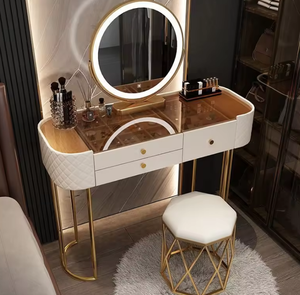 <strong>White</strong> Wooden King Size <strong>Bedroom</strong> Set with Side Cabinet Smart Makeup Mirror 3 Glass <strong>Drawers</strong> Wardrobe Dressing Table-Modern Design - Product Image 5