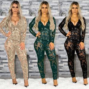 Mono de lentejuelas con corte ajustado y escote pronunciado en V, estilo europeo americano, para fiesta, discoteca, elegante y ceñido al cuerpo, ideal para otoño. - Product Image 3