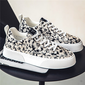 Baskets basses en toile pour hommes, imprimé léopard noir et beige, semelle plateforme épaisse blanche, à lacets, style streetwear décontracté - Product Image 3