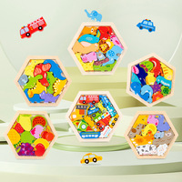Mainan Puzzle Balok Bangunan Kayu Heksagonal Anak-anak dengan Angka Warna, Hewan Kartun 3D, dan Permainan Puzzle Edukatif