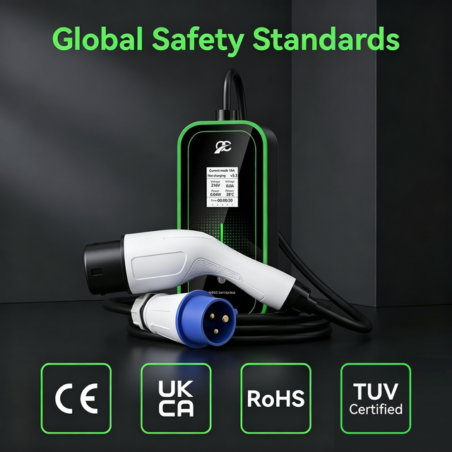 7kW Portable EV Charger Type 2 32A Smart LCD Screen Display Fast Home Charging Level 2 Car Charger for Home Travel EVSE Smart