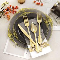 Ensemble de vaisselle jetable en plastique transparent avec bordure dorée, 175 pièces, comprenant 50 assiettes, 75 couverts dorés, 25 gobelets, 25 serviettes