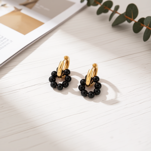 Pendientes de Moda de Doble Aro, Acero Inoxidable, Cuentas Negras, Aros Dorados, Joyería Unisex de Tendencia - Product Image 3