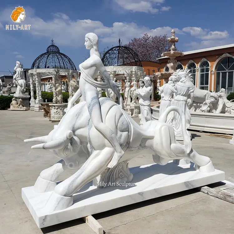 Jardín Tamaño natural Piedra natural Tallado a mano Blanco Mujer Equitación Toro Mármol Escultura