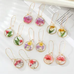 New Trendy Immortal Flower Earrings Vintage Epoxy Colorful Dried Pressed Flower Earrings