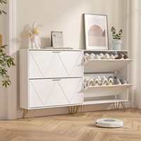 Meuble à chaussures autoportant moderne et mince en bois, 2 tiroirs rabattables, panneau cannelé blanc, gain de place, écologique, rangement pour salon