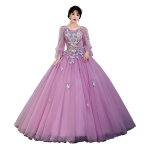 Purple Puff Sleeve Tutu Dress Long Skirt Stage Performance Women Adult Vocal Exam Host Annual Meeting Dress - Product Image 5