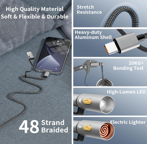 Cable de Carga Multiusos 5 en 1, USB A/Tipo <span class=keywords><strong>C</strong></span> a Tipo <span class=keywords><strong>C</strong></span>/Luz LED/Encendedor, Cable de Datos de 480 Mbps con Linterna y Encendedor Eléctrico - Product Image 4