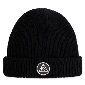 Thấp MOQ 100% Acrylic Rib Cuff Keo Mark Logo Tùy Chỉnh Đan Ski Skull Cap Đen Beanie Hat Men Dệt Kim Mũ Cho Mùa Đông