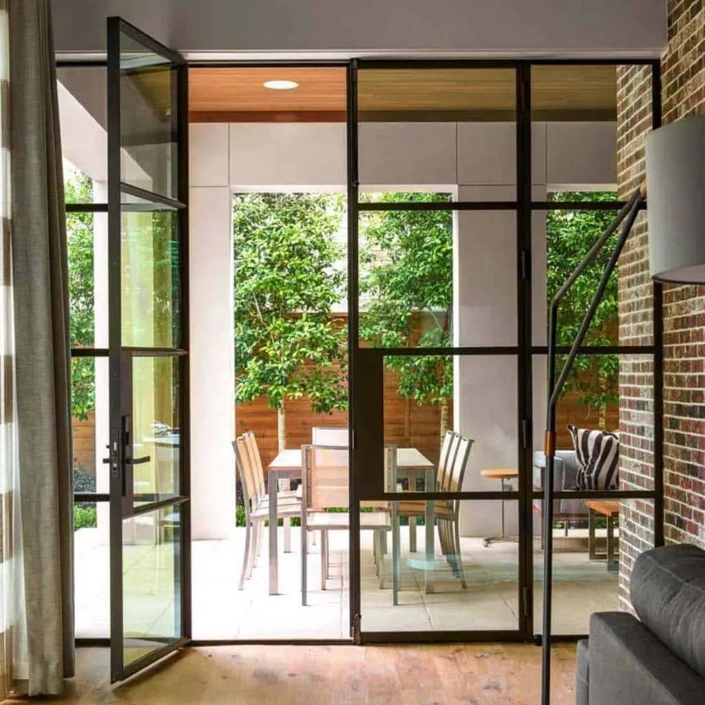 Marco de acero negro para Exterior, doble vidrio, entrada francesa de aluminio, puertas de vidrio oscilantes