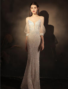 ชุดเดรสคอวีเซ็กซี่เปิดไหล่สำหรับผู้หญิง,ชุดเดรสงานเลี้ยงผ้าโปร่งแขนยาวปักเลื่อมยาว2022 - Product Image 3