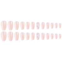 24 faux ongles cercueil moyens à presser, rose nude ombré, avec nœud blanc 3D, réutilisables en ABS, avec colle, pour femmes, pour usage quotidien
