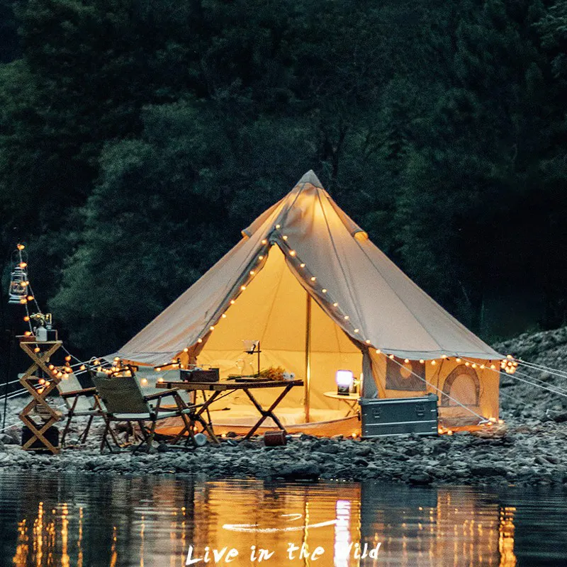 Tenda di tela di cotone di lusso della grande famiglia di vendita calda con il foro della stufa tenda di campana di lusso impermeabile del glamping della tenda della stufa