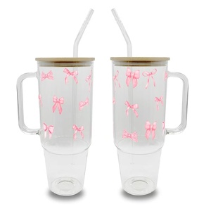 Bicchiere in vetro con fiocco rosa da 40 once con coperchio e paglia, tazza estetica Vintage Coquette, bicchiere da caffè freddo da ragazza morbida, regalo carino - Product Image 2