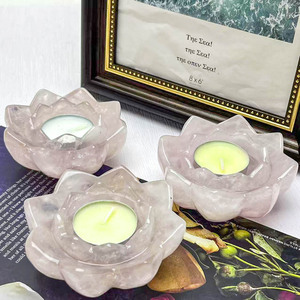 Vendita calda naturale di pietre preziose prodotto di cristallo curativo artigianale quarzo rosa candelabro di loto per la decorazione domestica - Product Image 1