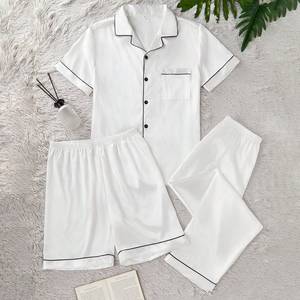 Factory Wholesale Satin Smooth Three Piece Pajama Set Solid Color Lapel Comfortable <strong>Men's</strong> Pajamas - Product Image 1