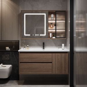 Meuble de salle de bain de luxe léger de style italien, armoire à miroir anti-buée intelligente, corps d'armoire en bois massif, moulage intégré - Product Image 1