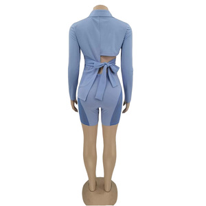 Otoño <span class=keywords><strong>cielo</strong></span> azul trajes de mujer Chaquetas con cordones de manga larga Blazer malla pantalones cortos 2 uds conjunto Sexy <span class=keywords><strong>se</strong></span>ñoras abrigo trajes de dos piezas - Product Image 5