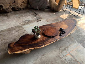 Table de salon en bois massif à bord naturel avec résine époxy et plantes succulentes, faite à la main, en bois dur naturel, pour la décoration intérieure - Product Image 5