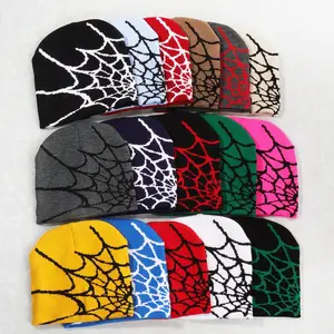 Y2k Streetwear Custom Graphic LOGO Letters Design Spider Web Jacquard Knit Skully Cap Beanie