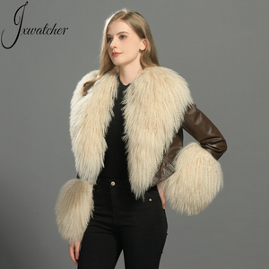 Giacca Corta da <span class=keywords><strong>Donna</strong></span> in Vera Pelle di Pecora con Lussuosi Collo e Polsini in Morbida e Soffice Pelliccia di Agnello Mongolo Personalizzata per Primavera e Autunno - Product Image 2