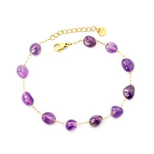 Bracelet en acier inoxydable plaqué or 18 carats avec perles d'améthyste, pierre violette irrégulière, chaîne délicate, style bohème minimaliste - Product Image 1